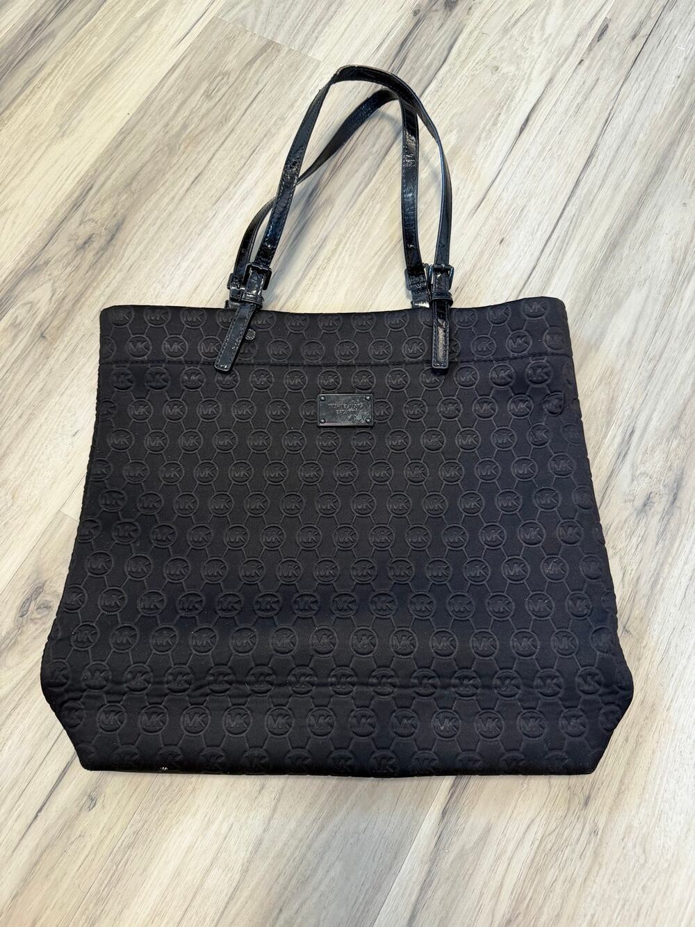 Michael Kors Jet Set Large Black Neoprene MK Logo Monogram Tote Shoulder Bag
